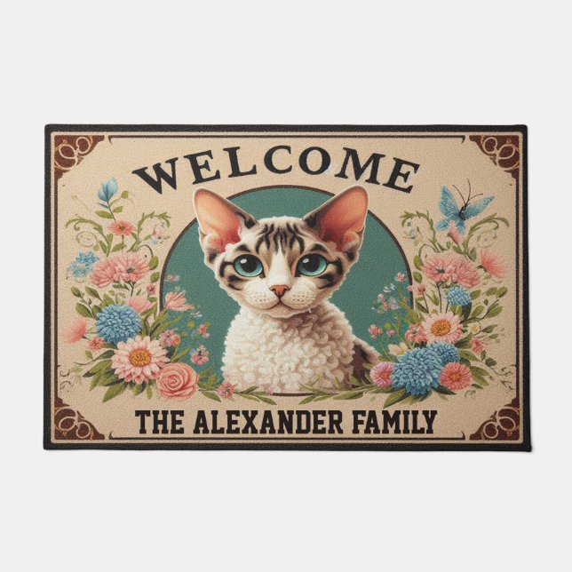 Personalised Devon Rex Cat Stylish Floral Welcome Doormat (Front)