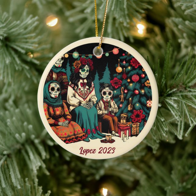Personalised Día de los Muertos Christmas Holiday Ceramic Ornament (Tree)