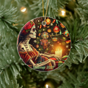 Personalised Día de los Muertos Christmas Holiday Ceramic Ornament