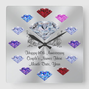 Personalised Diamond Anniversary Clock, Birthstone Square Wall Clock