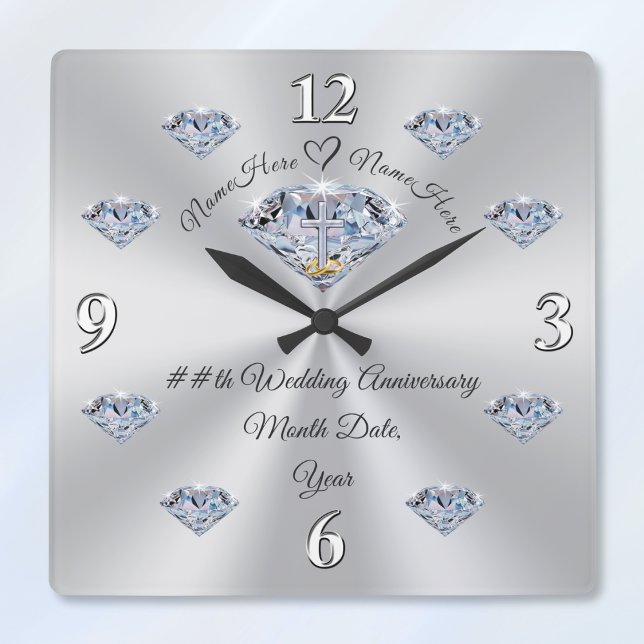 Personalised Diamond Anniversary Clock, CHRISTIAN Square Wall Clock (Christian wedding anniversary gifts. 60th wedding anniversary presents for parents. Diamond themed.)
