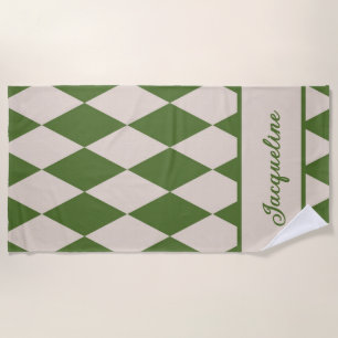 Personalised Diamond Chequered Green + Beige  Beach Towel