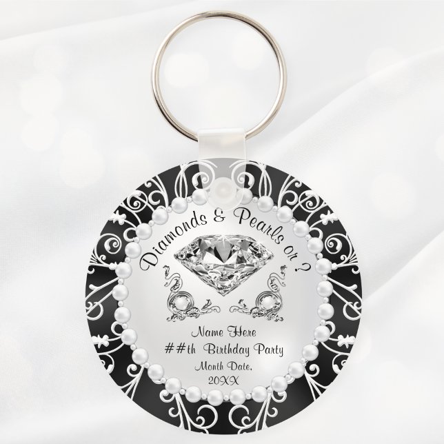 Personalised Diamonds and Pearls Party Favours Key Ring (Black and White, Diamonds and pearls birthday party ideas. 60th, 75th, 80th, 90th birthday Favors.)