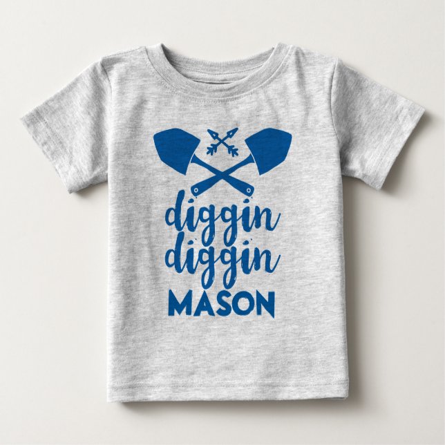 Personalised Diggin Diggin Blue and Grey Baby T-Shirt (Front)