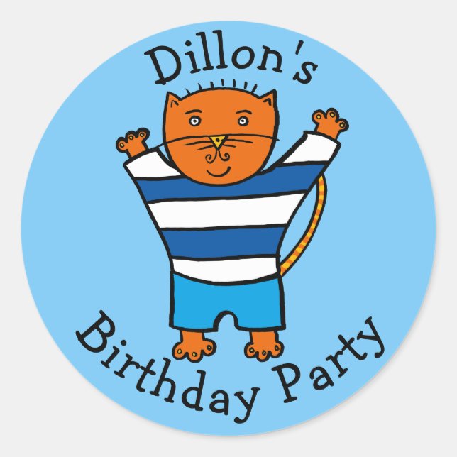 Personalised Dillon the Cat Birthday Party Classic Round Sticker (Front)