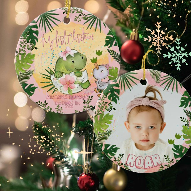 Personalised Dino 'My First Christmas' Photo  Ceramic Ornament (Personalized Dino 'My First Christmas' Photo Ceramic Ornament)