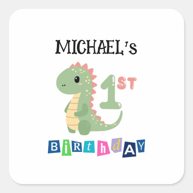 Personalised Dinosaur 1st Birthday Square Sticker (Front)