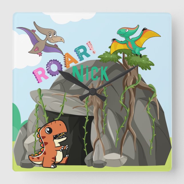 Personalised Dinosaur and Friends Square Wall Clock (Front)