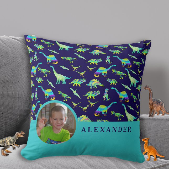 Personalised Dinosaur Blue Throw Pillow (Colorful dinosaur boys personalized photo and name navy blue pillow Cute dino home decor for kids)