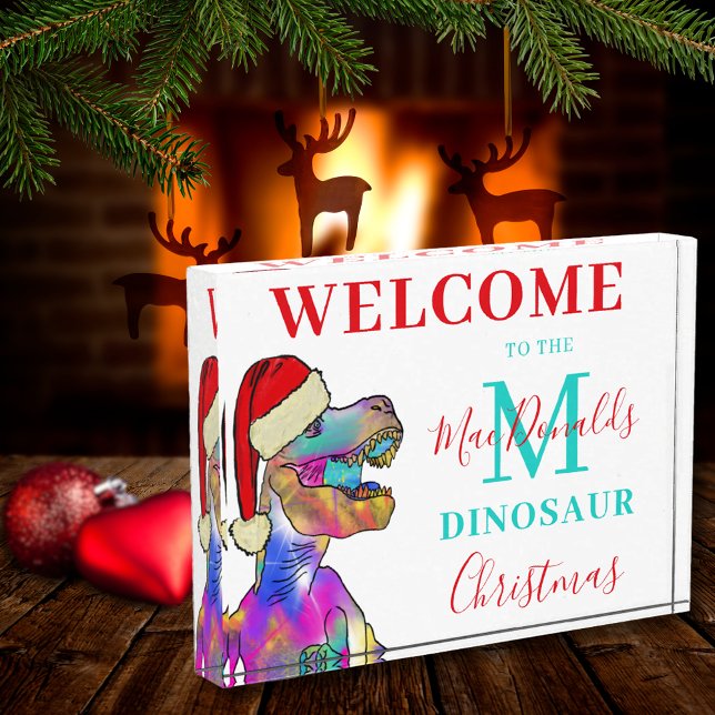 Personalised Dinosaur Christmas Welcome Photo Block (Christmas dinosaur T-Rex wearing a Santa hat personalized family name holiday welcome photo block)