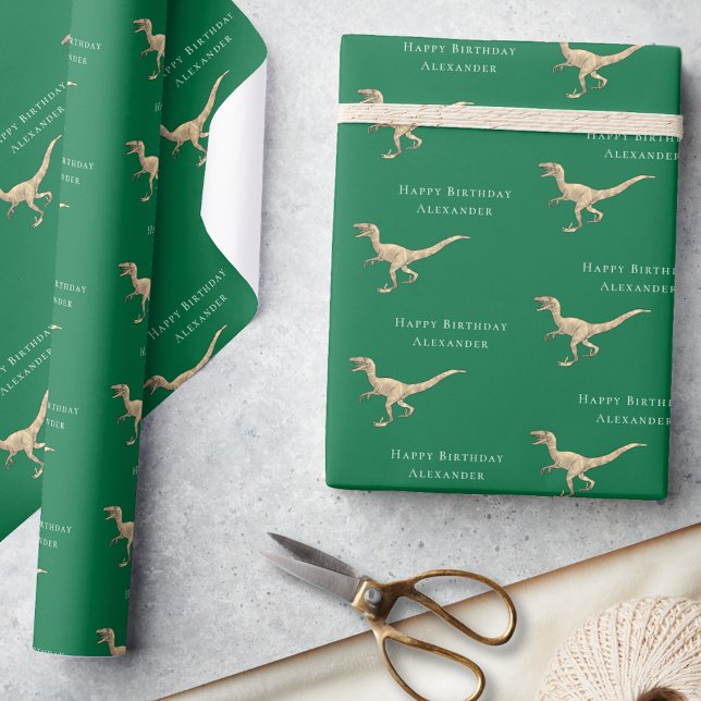 Personalised Dinosaur Happy Birthday Green Wrapping Paper (Personalized boy name dinosaur green happy birthday velociraptor gift wrapping paper fun raptor dino)