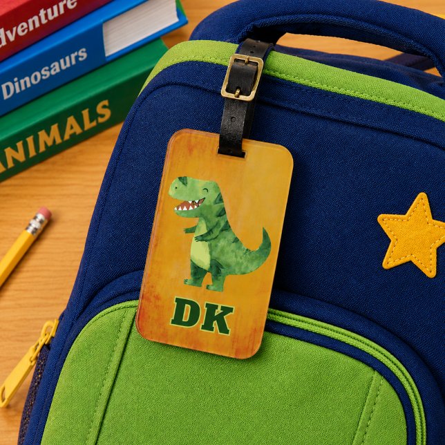 Personalised Dinosaur ID School Luggage Tag (Fun dinosaur child's school backpack or sports bag ID tag. Monogrammed with initials. )