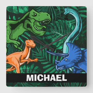 Personalised Dinosaur Kids Dino Jurassic Trex Boy Square Wall Clock