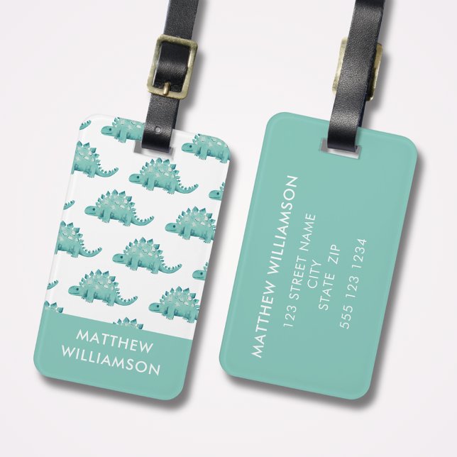 Personalised Dinosaur Pattern Luggage Tag (Cute kids stegosaurus dinosaur personalized luggage tag with address details to reverse side.)