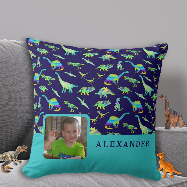 Personalised Dinosaur Photo Name Blue Cushion (Colorful dinosaur boys personalized photo and name navy blue pillow Cute dino home decor for kids)