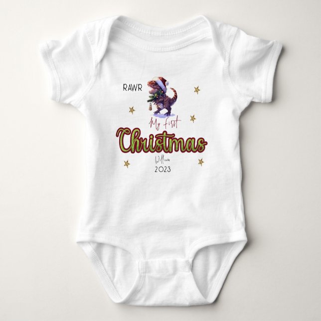 Personalised Dinosaur Rawr Babies First Christmas Baby Bodysuit (Front)