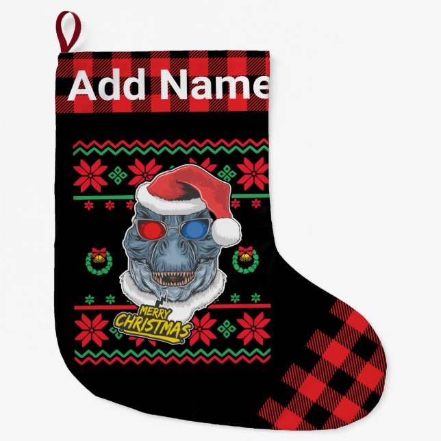 Personalised Dinosaur Santa T-Rex Ugly Christmas Large Christmas Stocking (Front)