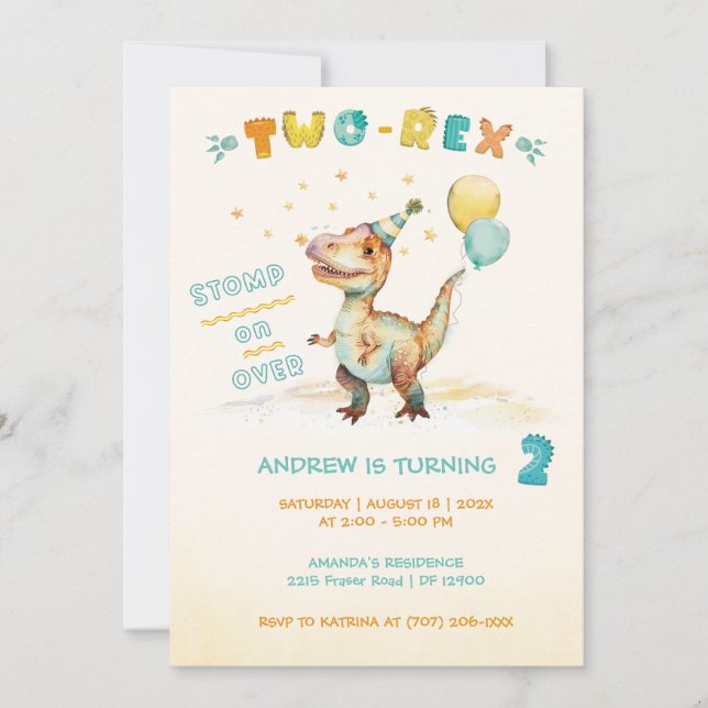 Personalised  Dinosaur Second Birthday Party Invitation (Front)