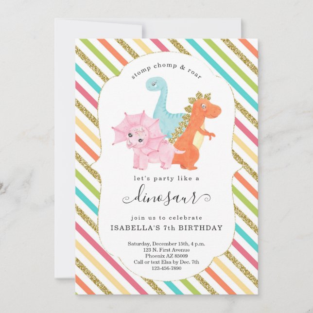 Personalised Dinosaur Themed Girls Birthday Party Invitation (Front)