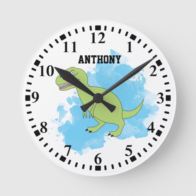 Personalised Dinosaur with Blue Watercolor  Round Clock (Front)