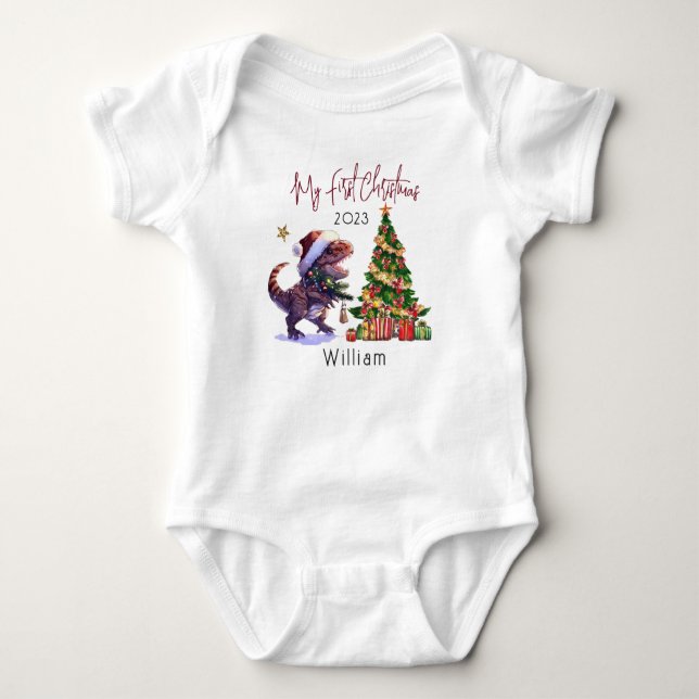 Personalised Dinosaur Xmas Babies First Christmas Baby Bodysuit (Front)