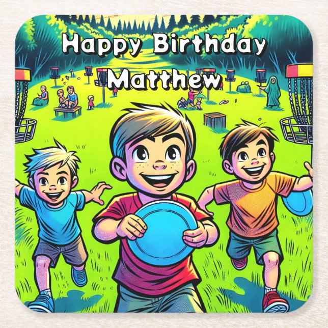 Personalised Disc Golf Boy's Birthday   Square Paper Coaster (Front)