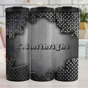 Personalised  Distressed Metal Diamond Plate  Thermal Tumbler