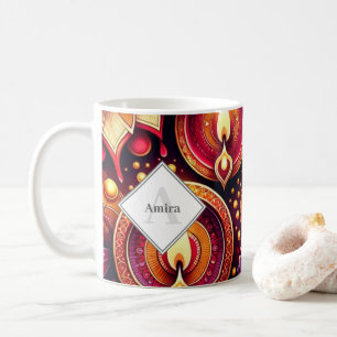 Personalised Diwali Purple and Red Diyas & Rangoli Coffee Mug