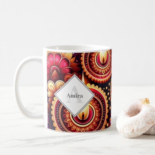 Personalised Diwali Red and Purple Rangoli & Diyas Coffee Mug (With Donut)