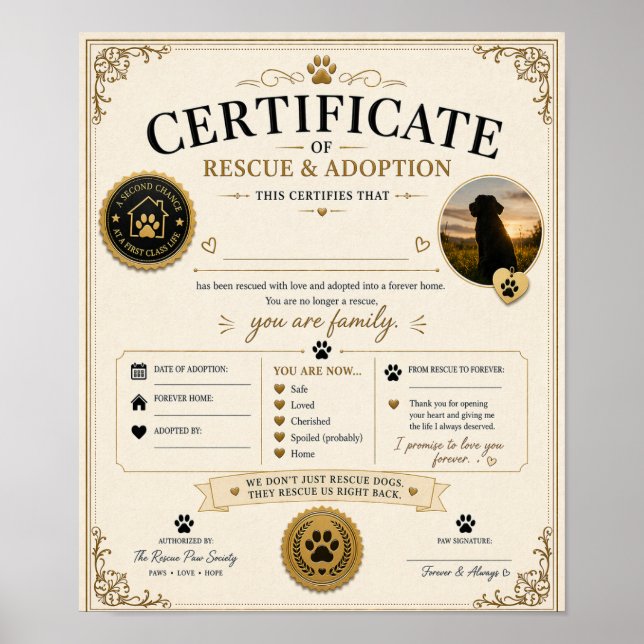 Personalised Dog Adoption Certificate Gift Poster (Front)