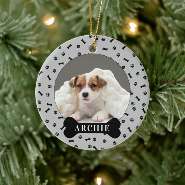 Personalised Dog Bone & Pawprint Holiday Photo Pet Ceramic Ornament (Tree)