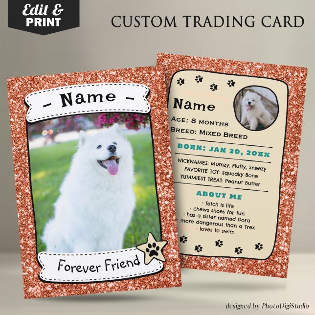 Personalised Dog Cards Pet Trading Card Template (Glitter Orange Neutral Pet Trading Card Dog Trading Card Therapy Dog)