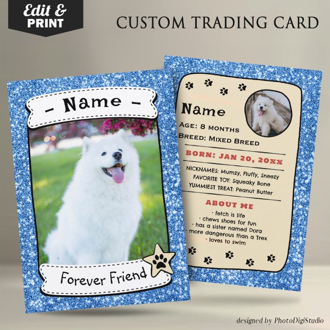 Personalised Dog Cards Pet Trading Card Template (Glitter Blue Pet Trading Card Dog Trading Card Therapy Dog)