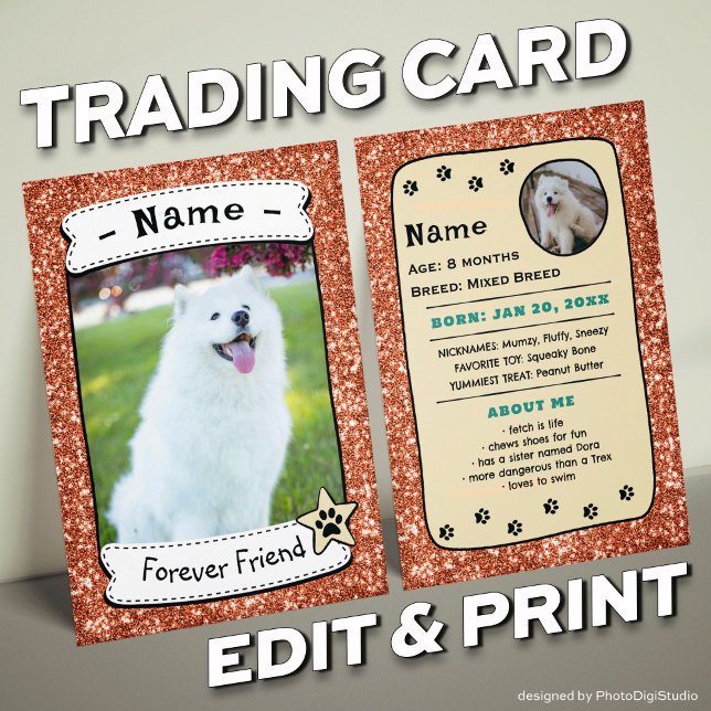 Personalised Dog Cards Pet Trading Card Template (Glitter Orange Neutral Pet Trading Card Dog Trading Card Therapy Dog)
