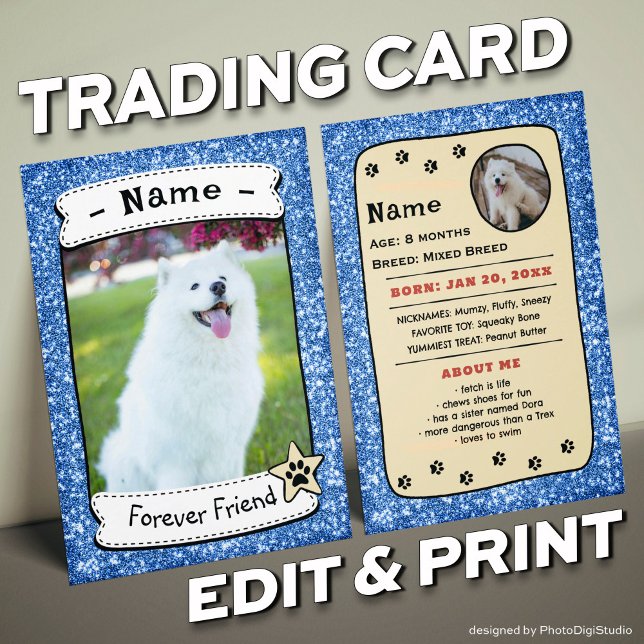 Personalised Dog Cards Pet Trading Card Template (Glitter Blue Pet Trading Card Dog Trading Card Therapy Dog)