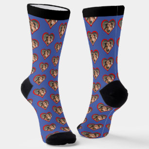 Personalised Dog Face Head in Heart on Blue Socks
