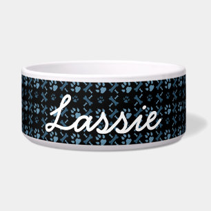Personalised Dog Food Dish Blue Dog Prints & Bones