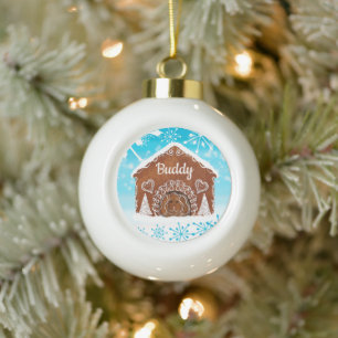 Personalised Dog Gingerbread Dog House Ceramic Ball Christmas Ornament