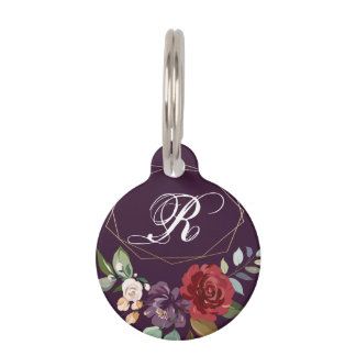 Personalised Dog ID Tag Plum Purple Roses Gold Geo