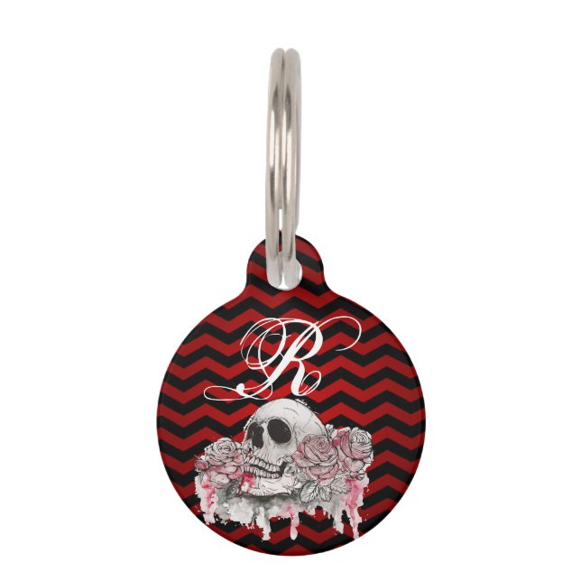 Personalised Dog ID Tag skull Rose Gothic Chevron (Front)