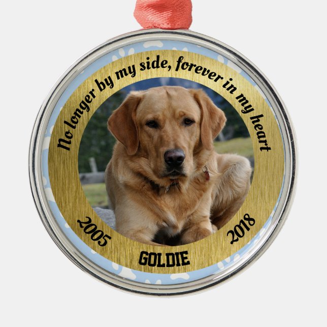 Personalised Dog Memorial Blue And Gold Christmas Metal Ornament (Front)