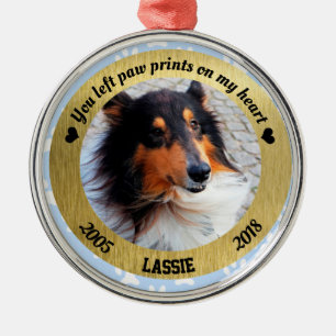 Personalised Dog Memorial Blue And Gold Christmas Metal Ornament