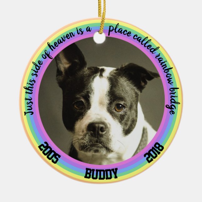Personalised Dog Memorial Rainbow Bridge Christmas Ceramic Ornament (Front)