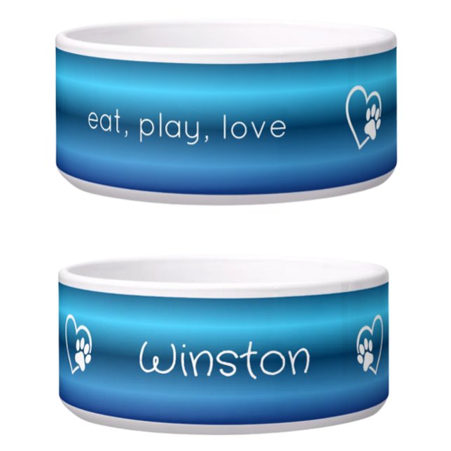 Personalised Dog Name Bowl Blue 'eat, play, love' (Creator Uploaded)