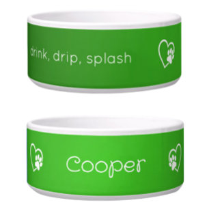 Personalised Dog Name Bowl Green drink drip splash