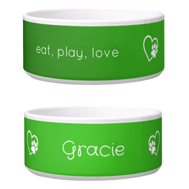 Personalised Dog Name Bowl Green 'eat, play, love' (Creator Uploaded)