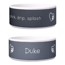Personalised Dog Name Bowl Grey drink drip splash