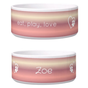Personalised Dog Name Bowl Peach 'eat, play, love'