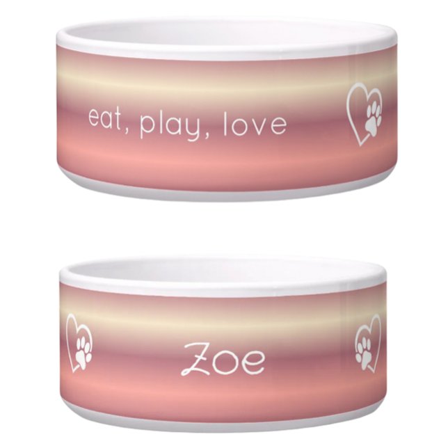 Personalised Dog Name Bowl Peach 'eat, play, love' (Creator Uploaded)