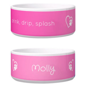 Personalised Dog Name Bowl Pink drink drip splash